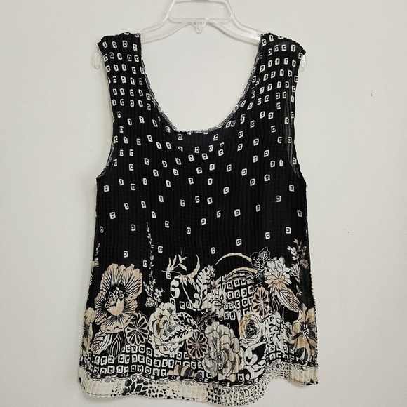 Women’s Size Medium Accordion Pleated Black Tan Floral Sleeveless Top Scoop Neck - Picture 2 of 6
